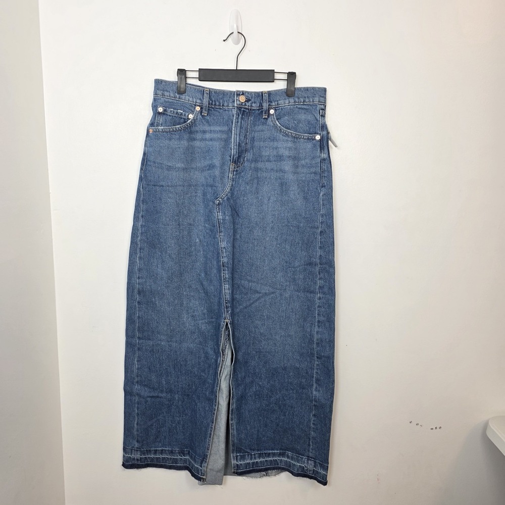 Gap Medium Wash Front Slit Raw Hem A-Line‎ Denim Maxi Skirt Size 12 Tall